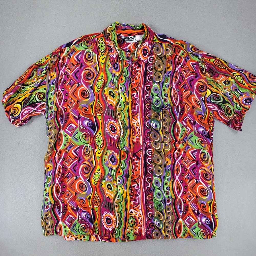Rave Button Up Shirt Women L Multicolor Vintage 90s Psychedelic Abstract Rayon